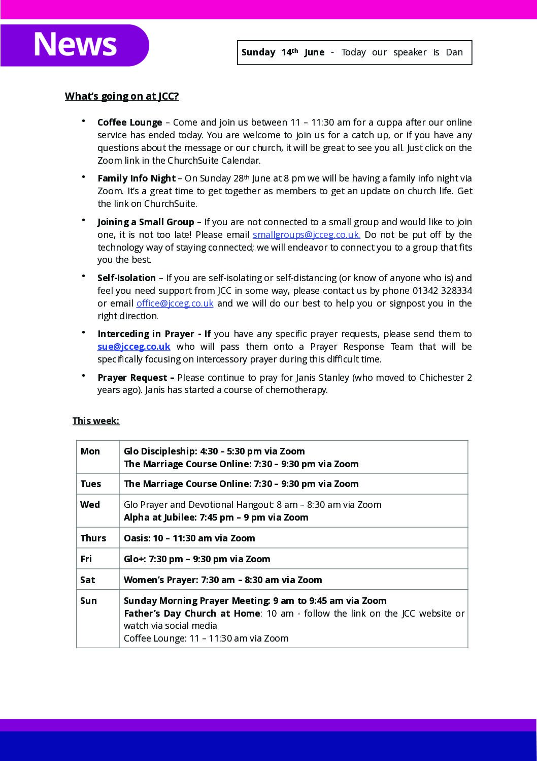 news sheet 14.6 Jubilee Community Church, East Grinstead